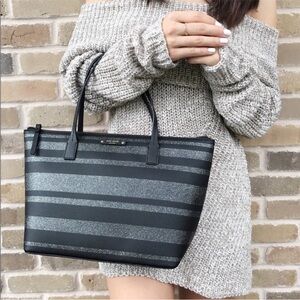 Kate Spade Hani Haven Lane Striped Black Silver Glitter Large Tote
